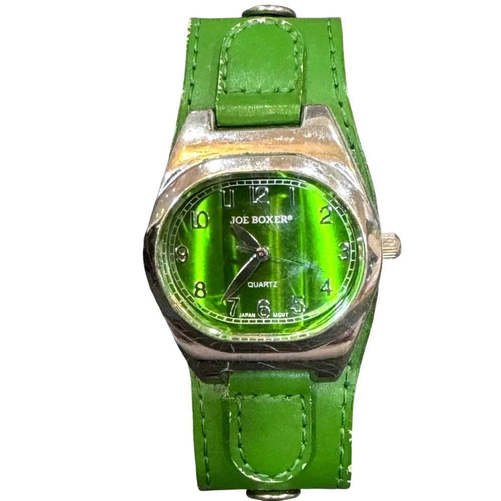 Joe Boxer Womens Quartz Watch Green Sunray Dial Studded Leather Cuff Strap Y2K